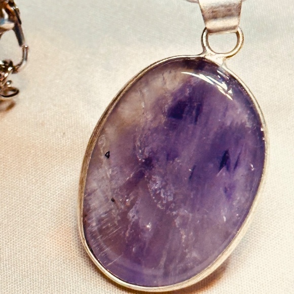 925 Sterling Silver Plated & Amethyst Stone/Crystal Oval Pendant EUC - Picture 9 of 11